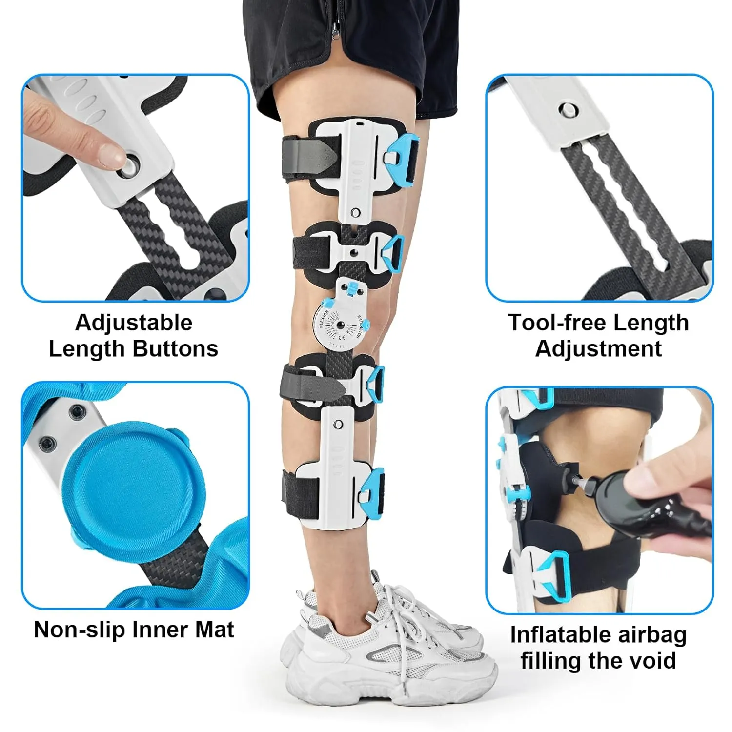 Hinged ROM Knee Brace- Carbon Fiber Post Op Knee Immobilizer Adjustable Leg Braces Support for ACL, PCL, MCL Injury, Meniscus Tear, Arthritis, Medical Orthopedic RehabInflatable Airbag