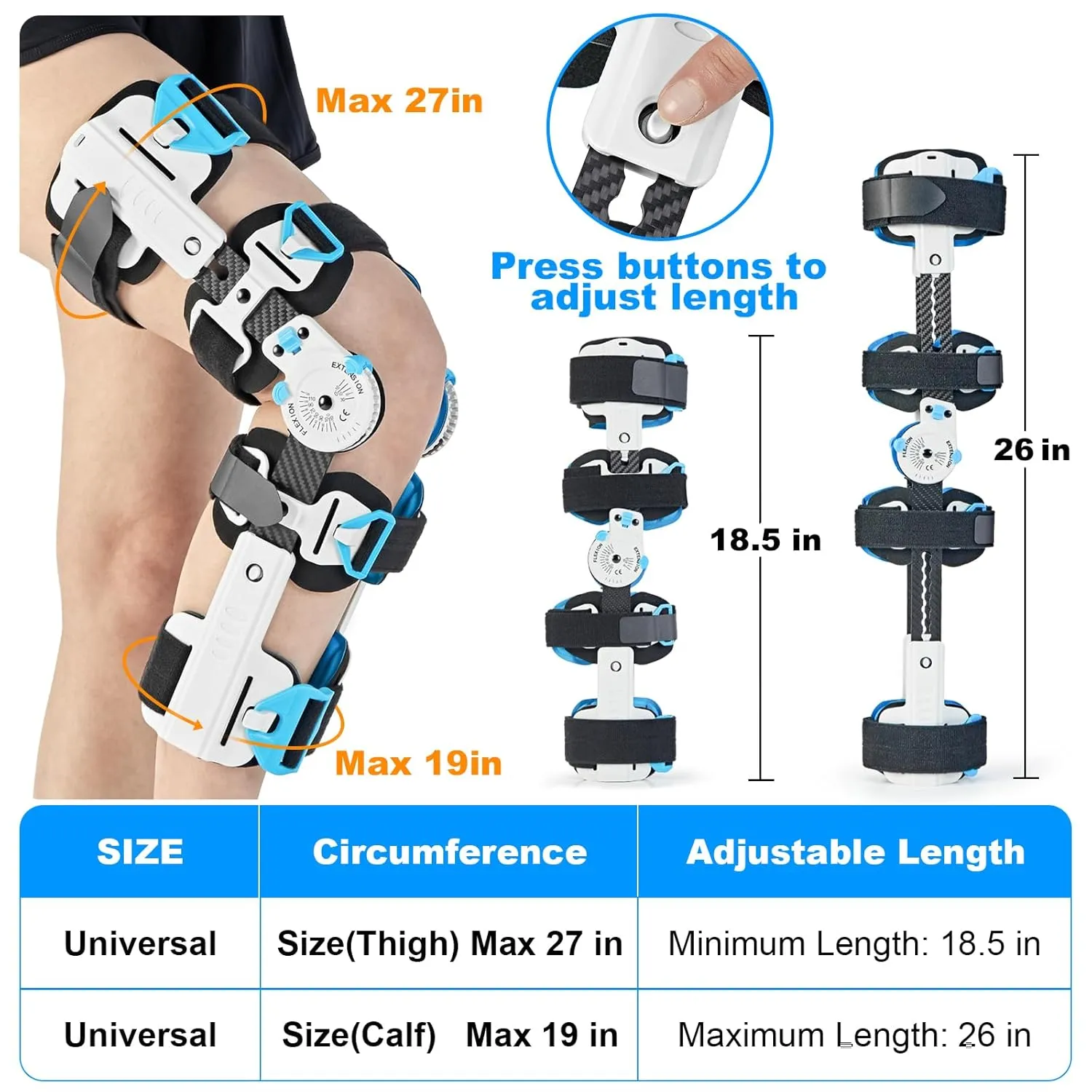 Hinged ROM Knee Brace- Carbon Fiber Post Op Knee Immobilizer Adjustable Leg Braces Support for ACL, PCL, MCL Injury, Meniscus Tear, Arthritis, Medical Orthopedic RehabInflatable Airbag
