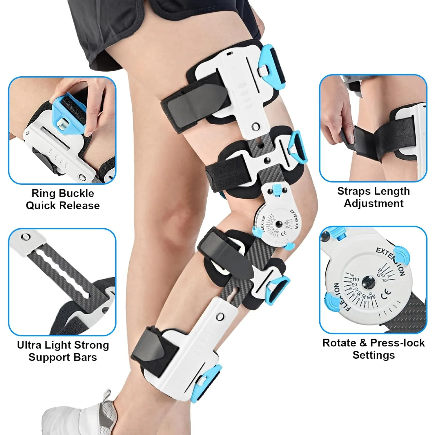 Hinged ROM Knee Brace- Carbon Fiber Post Op Knee Immobilizer Adjustable Leg Braces Support for ACL, PCL, MCL Injury, Meniscus Tear, Arthritis, Medical Orthopedic RehabInflatable Airbag