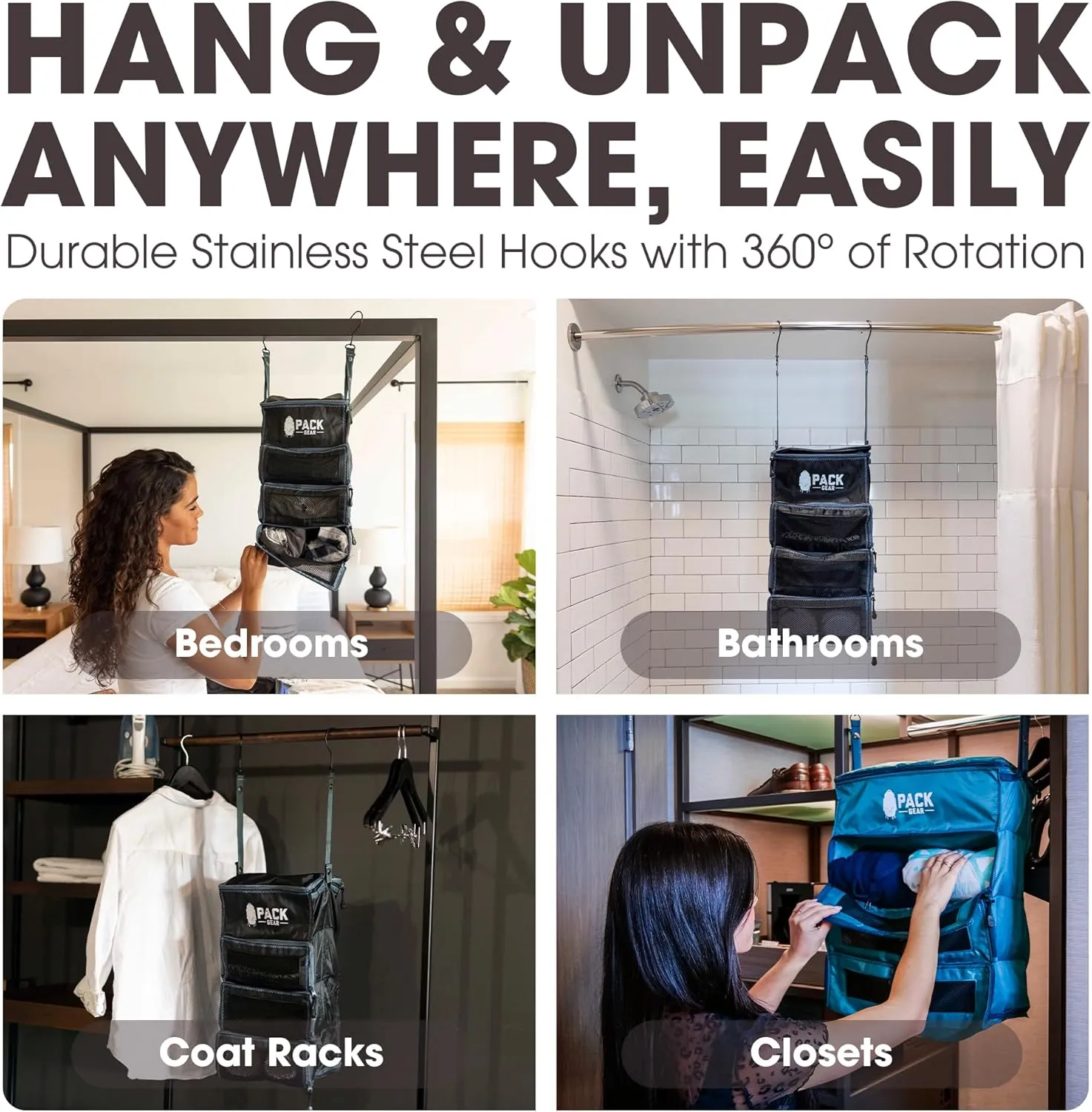 Pack Gear Hanging Carry-On Organizer - Our Fitted Hanging Luggage Organizer Perfectly Fits Any Carry On - Our Packing Cubes For Travel Use Mesh Windows to Make Finding Clothes Easy (Black, M)