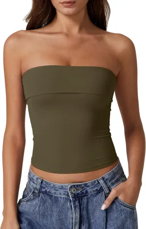 QINSEN Women's Tube Tops Strapless Bandeau Tops Double Lined Slim Fit Summer Going Out Tank Tops