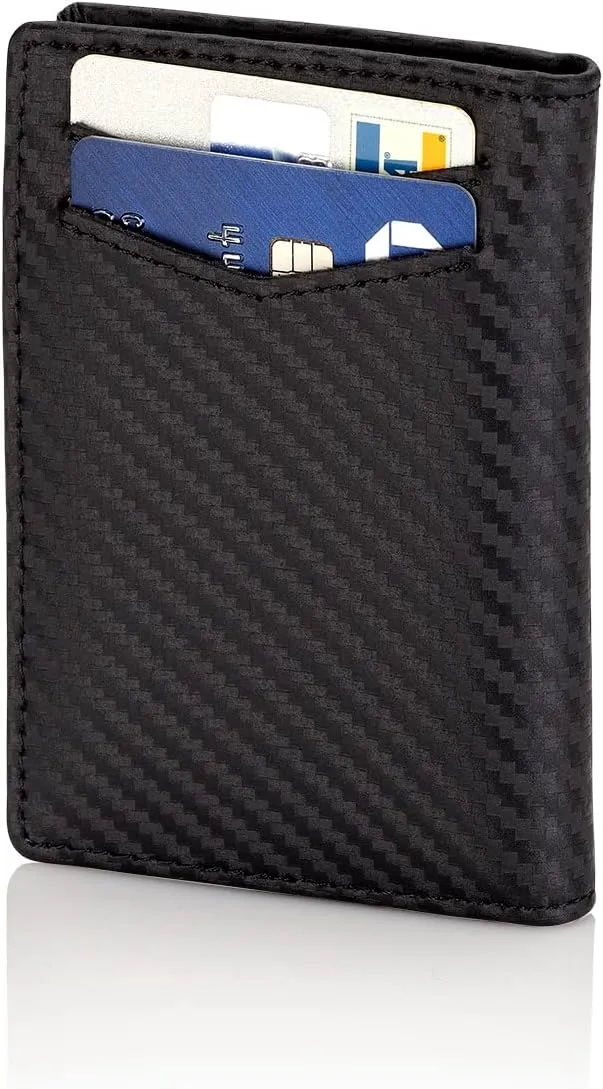 Stealth Mode Men's Slim Front Pocket Wallet - RFID Blocking, Thin Minimalist Design, Genuine Leather - ID Badge Window and 5 Sleeves for Money, Credit Cards, Driver License (Carbon Fiber Leather)