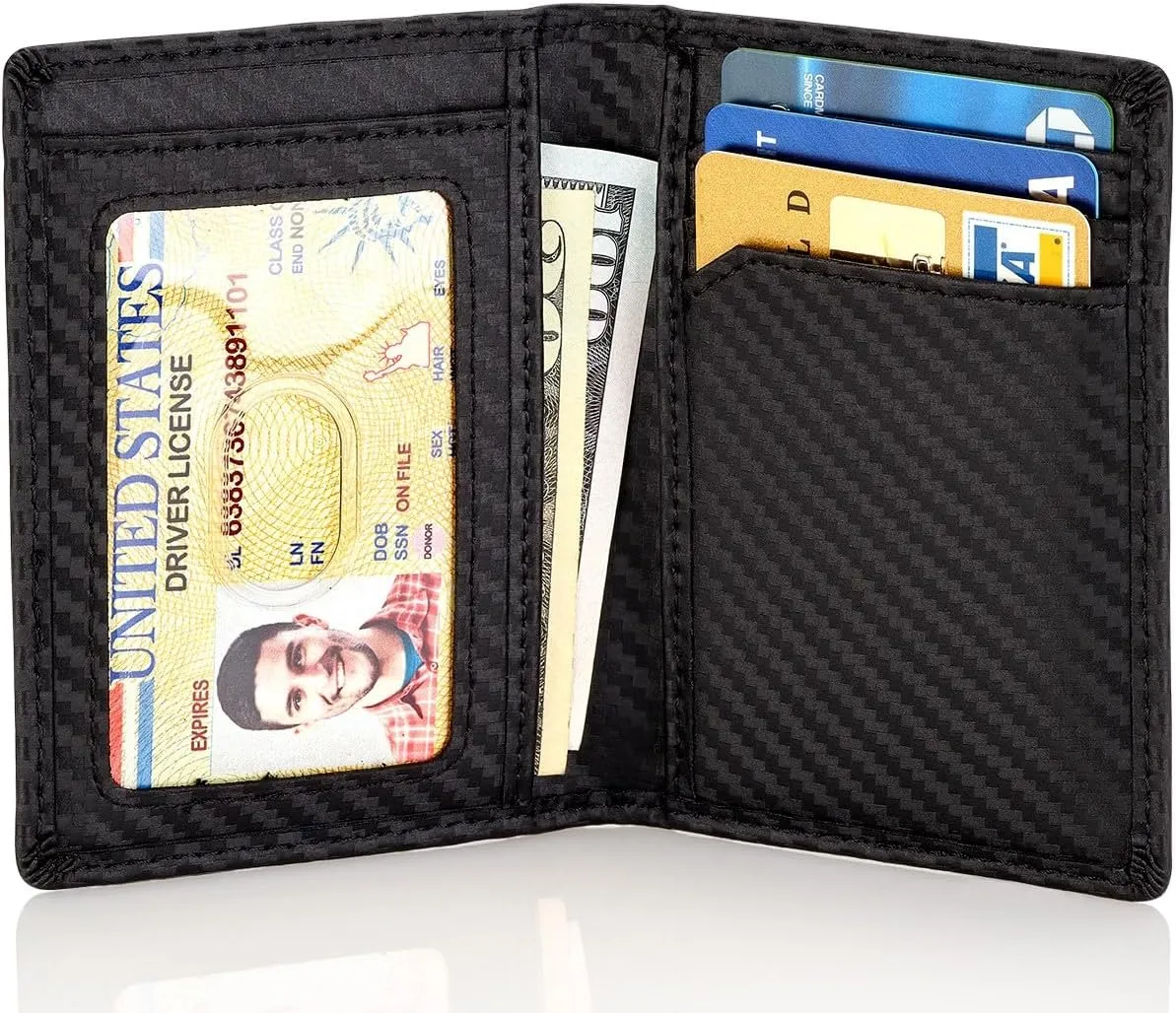 Stealth Mode Men's Slim Front Pocket Wallet - RFID Blocking, Thin Minimalist Design, Genuine Leather - ID Badge Window and 5 Sleeves for Money, Credit Cards, Driver License (Carbon Fiber Leather)