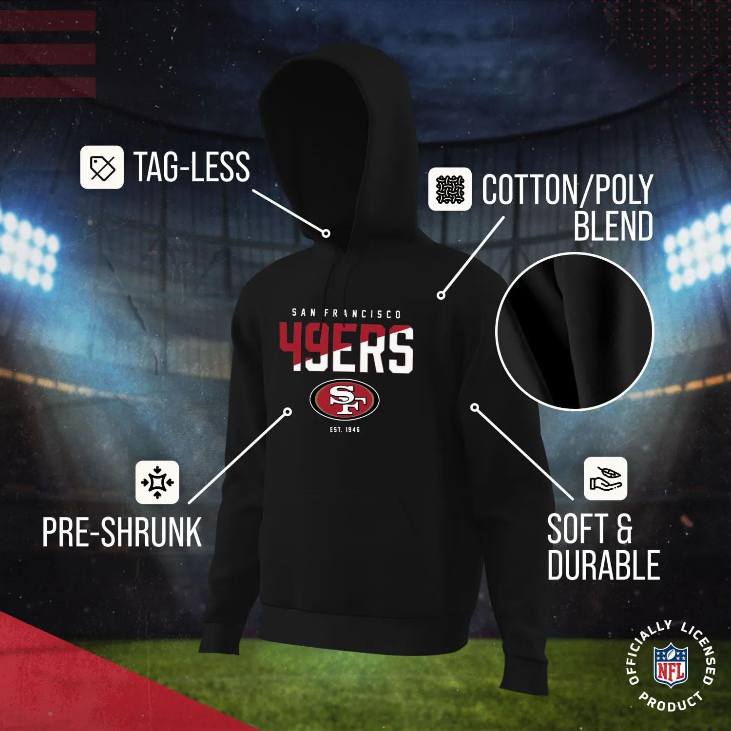 Team Fan Apparel Adult NFL Diagonal Fade Fleece Hooded Sweatshirt - Unisex Tagless - Officially Licensed Football Pullover