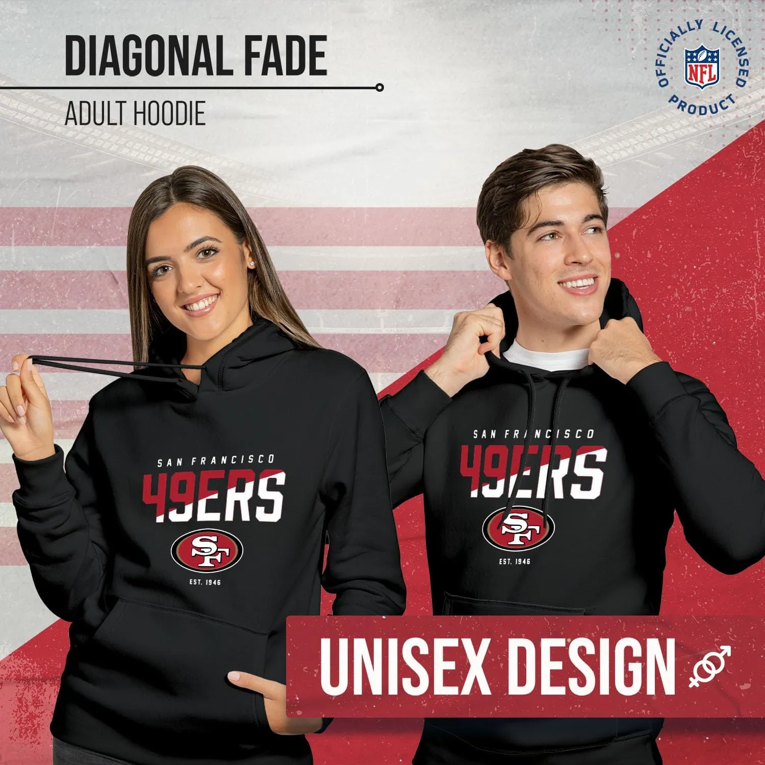 Team Fan Apparel Adult NFL Diagonal Fade Fleece Hooded Sweatshirt - Unisex Tagless - Officially Licensed Football Pullover